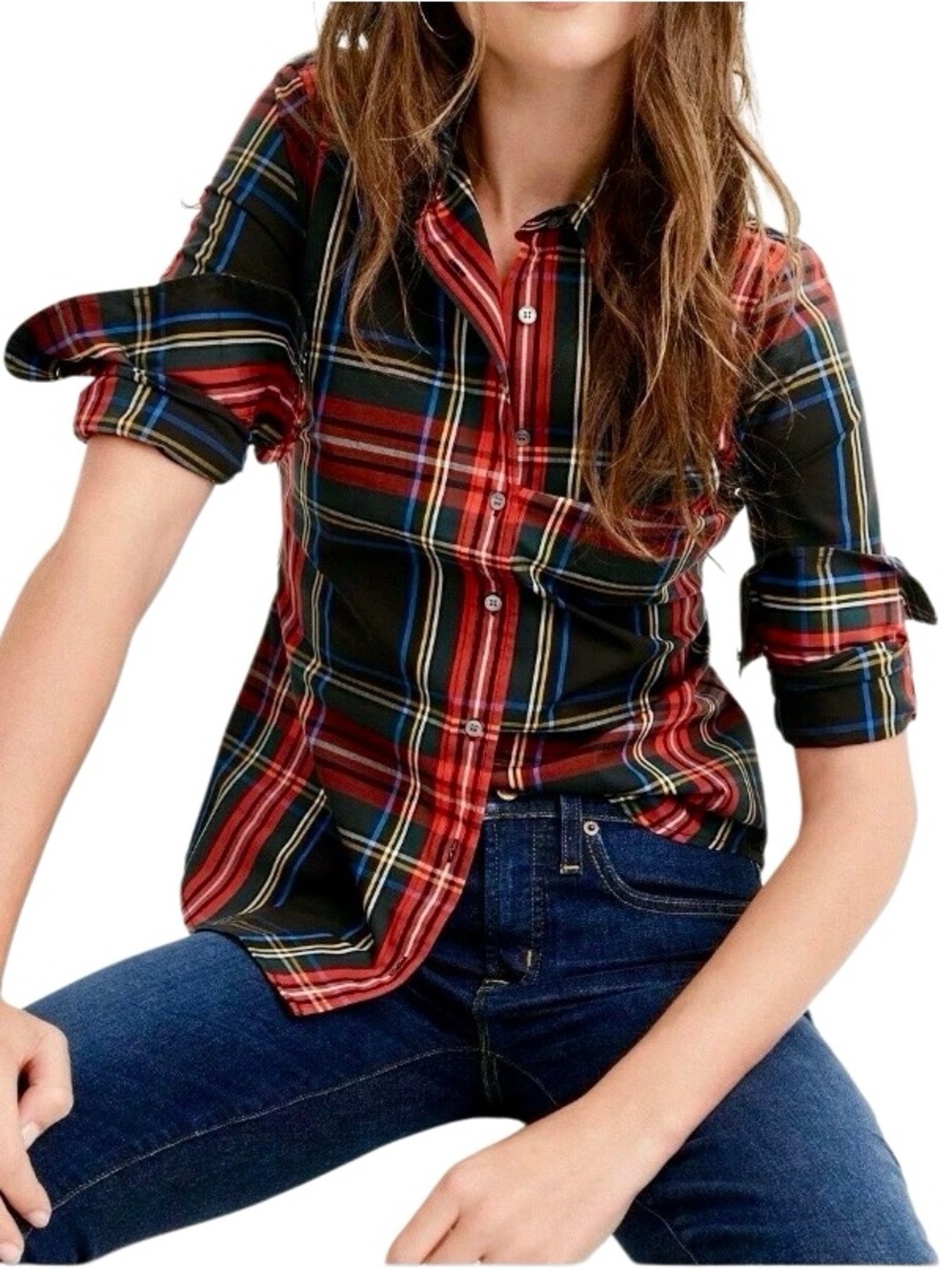 J Crew Slim Fit Tailored Plaid Button Down in Black/Red Women’s 10